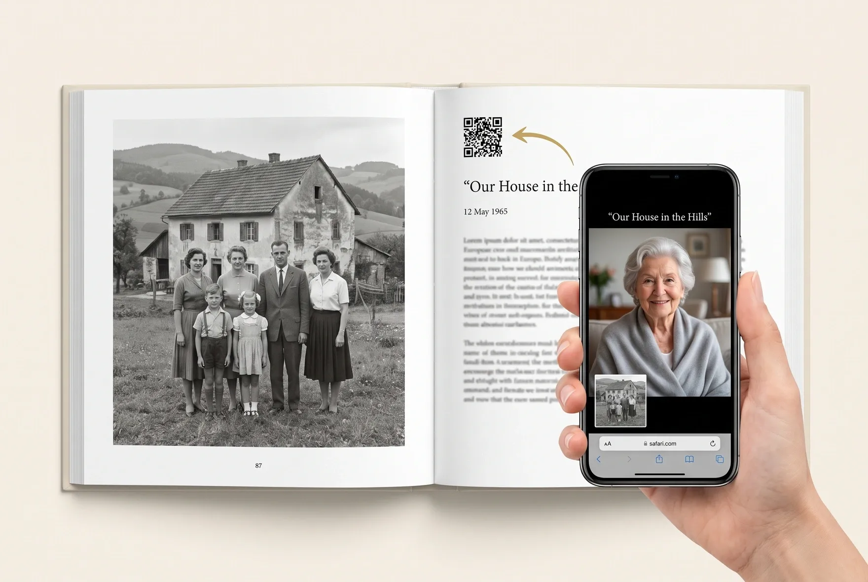 An open printed book with a QR code, and a phone in a hand playing the story in grandma’s voice
