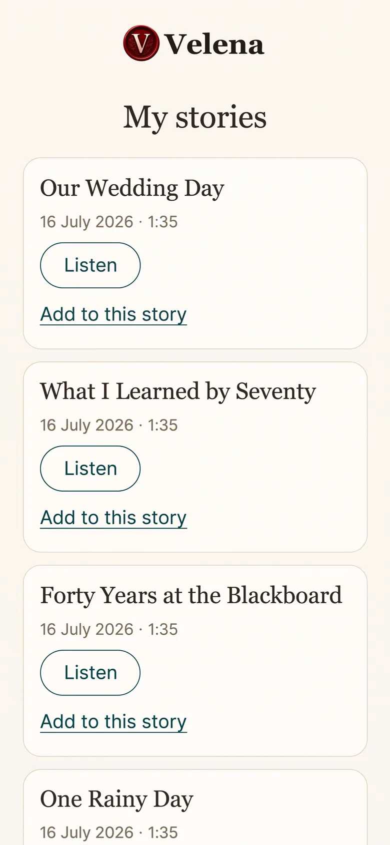 The “My stories” list: finished stories with photos and play buttons