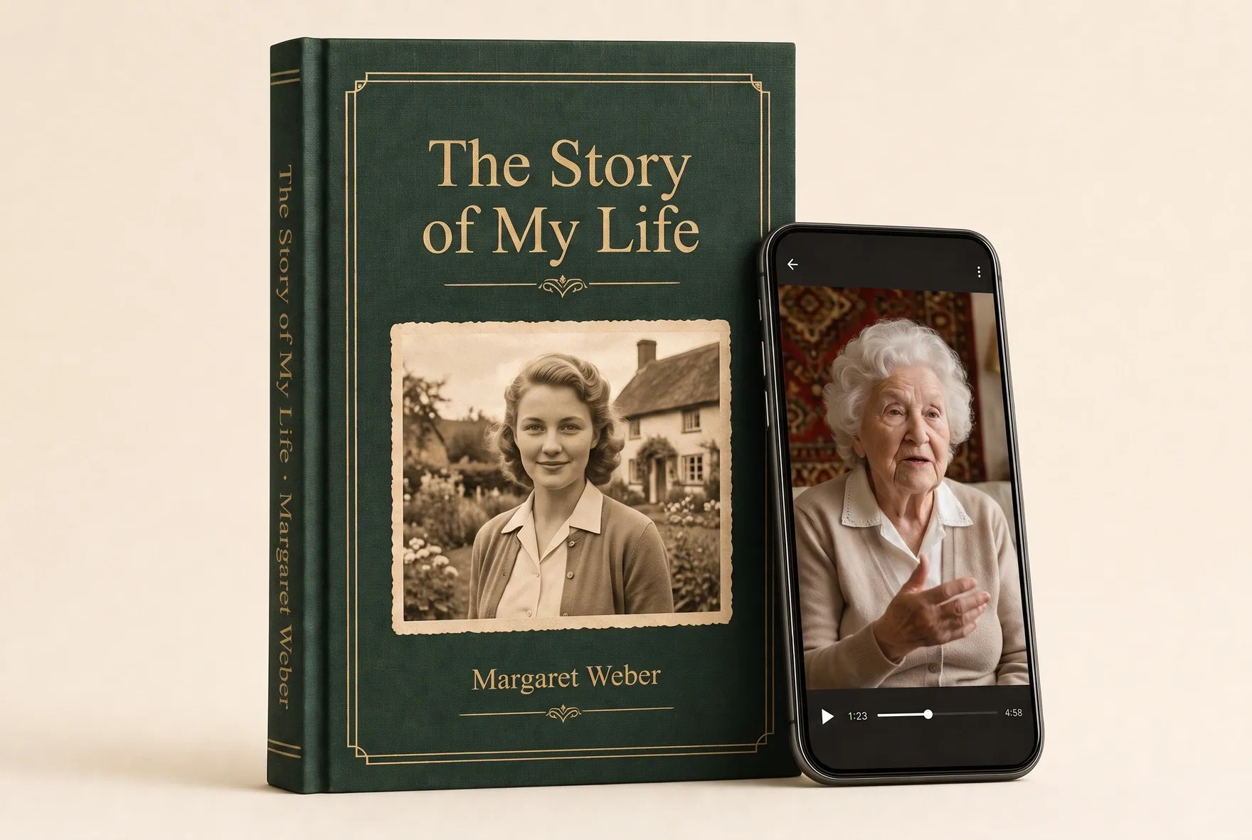 An open hardcover book with a family photo, a story in Russian and a QR code
