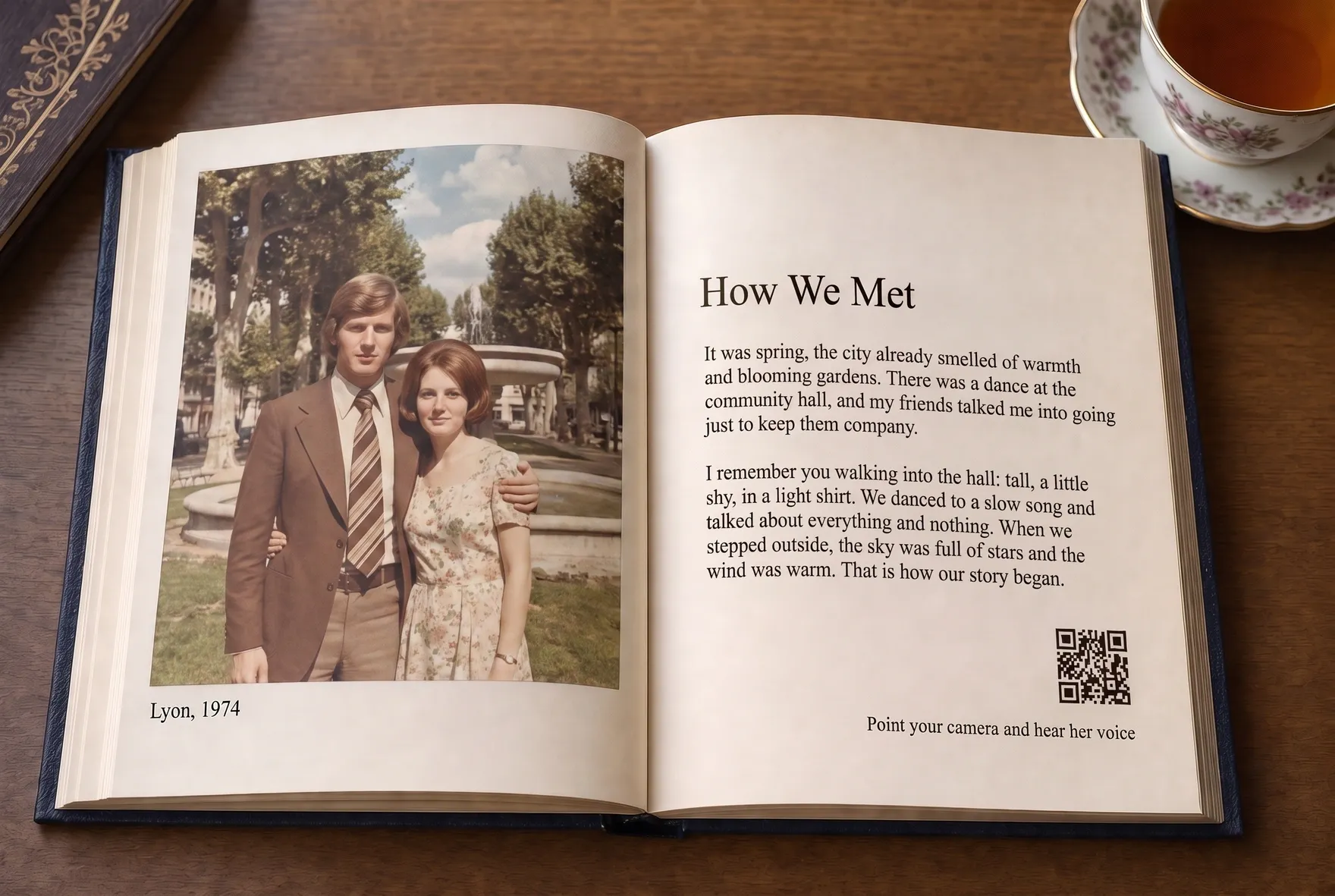 An open hardcover book with a family photo, a story in Russian and a QR code