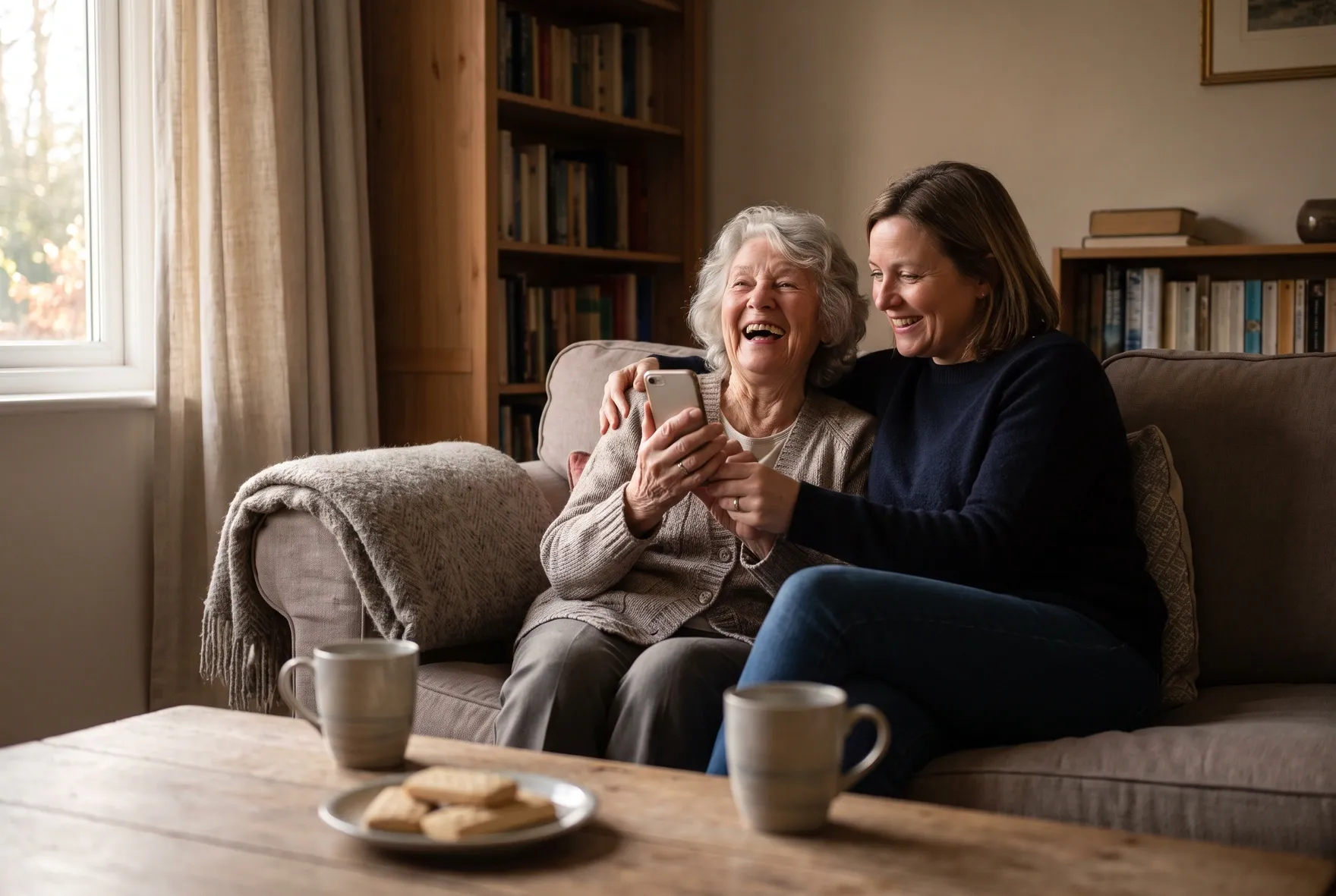 A grandmother laughs while recording a voice message, her daughter hugging her