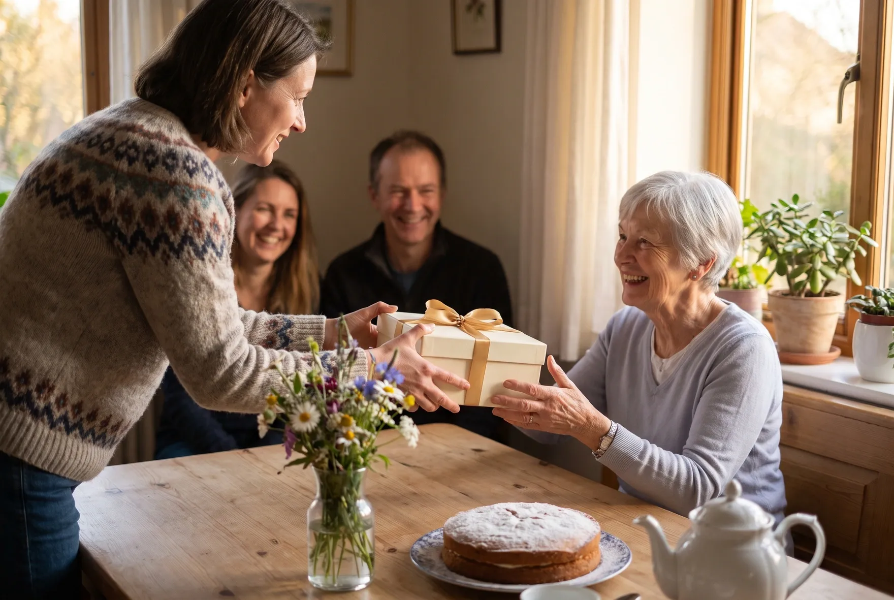 A daughter hands her smiling mother an elegantly wrapped gift box