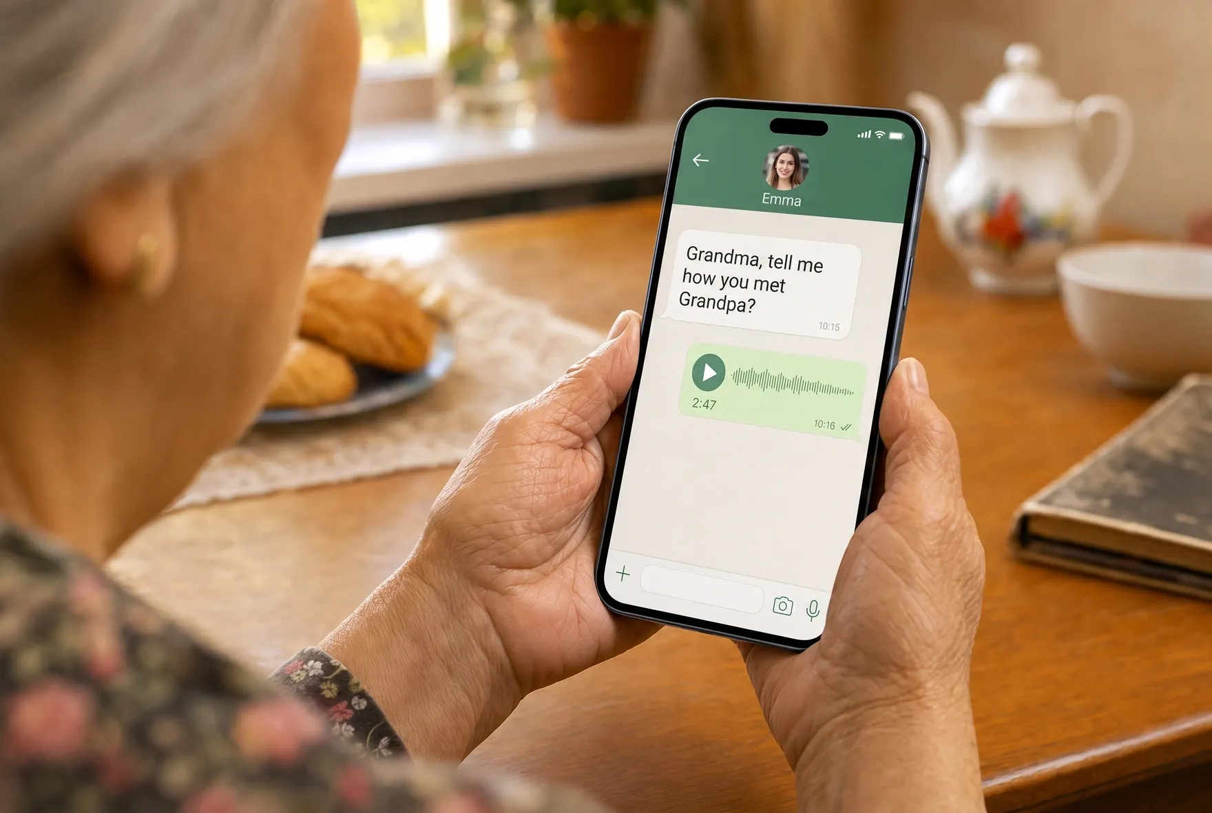 A phone screen with a question in a chat and a voice-message reply