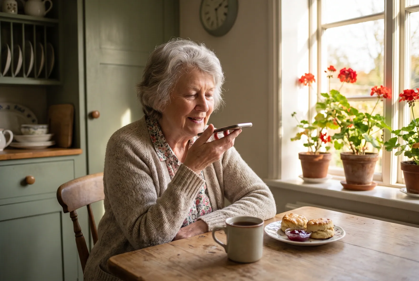 A grandmother at her kitchen table records a voice message over tea
