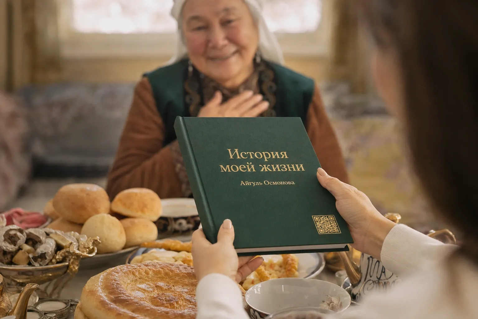 Кызы апасына өмүр баяны жазылган китепти белек кылып жатат
