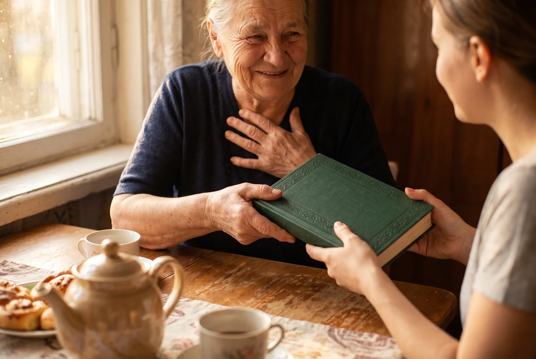 A daughter presents a hardcover life-story book to her mother