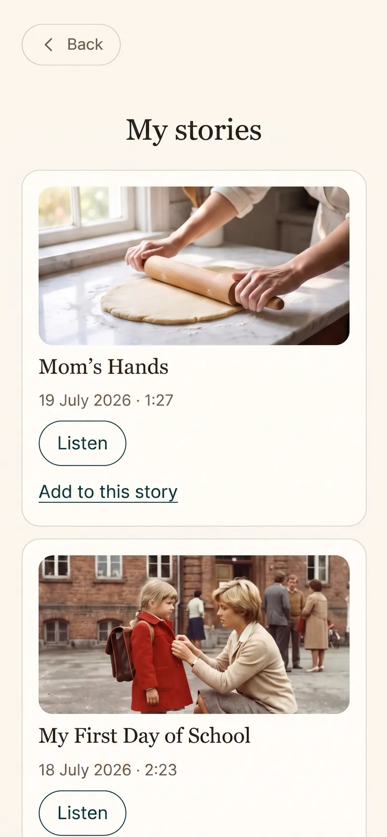 The “My stories” list: finished stories with photos and play buttons