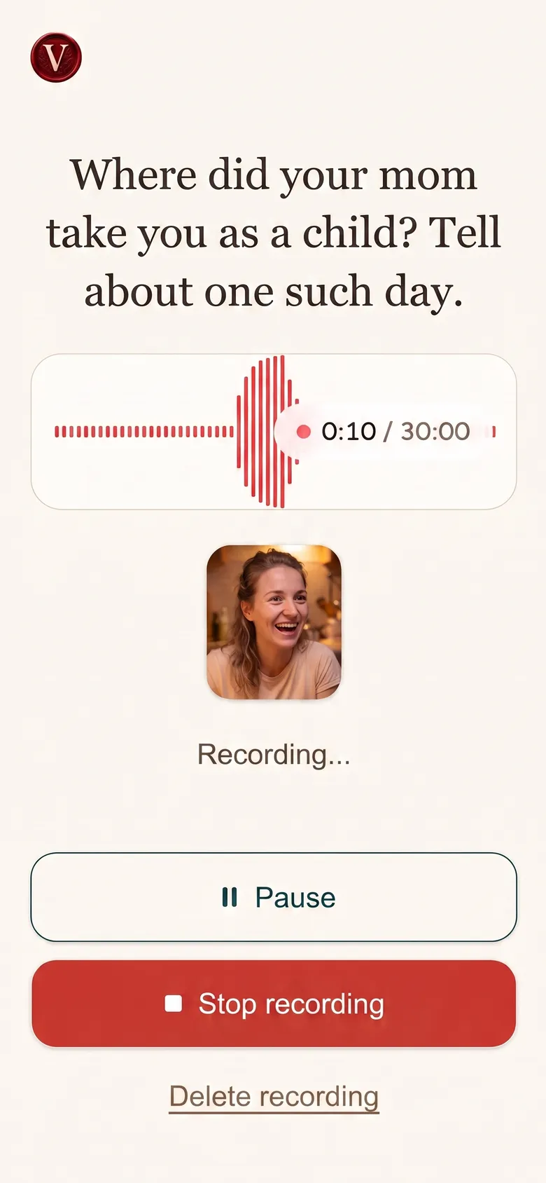 A video answer being recorded: the question on screen, the storyteller in a small self-view