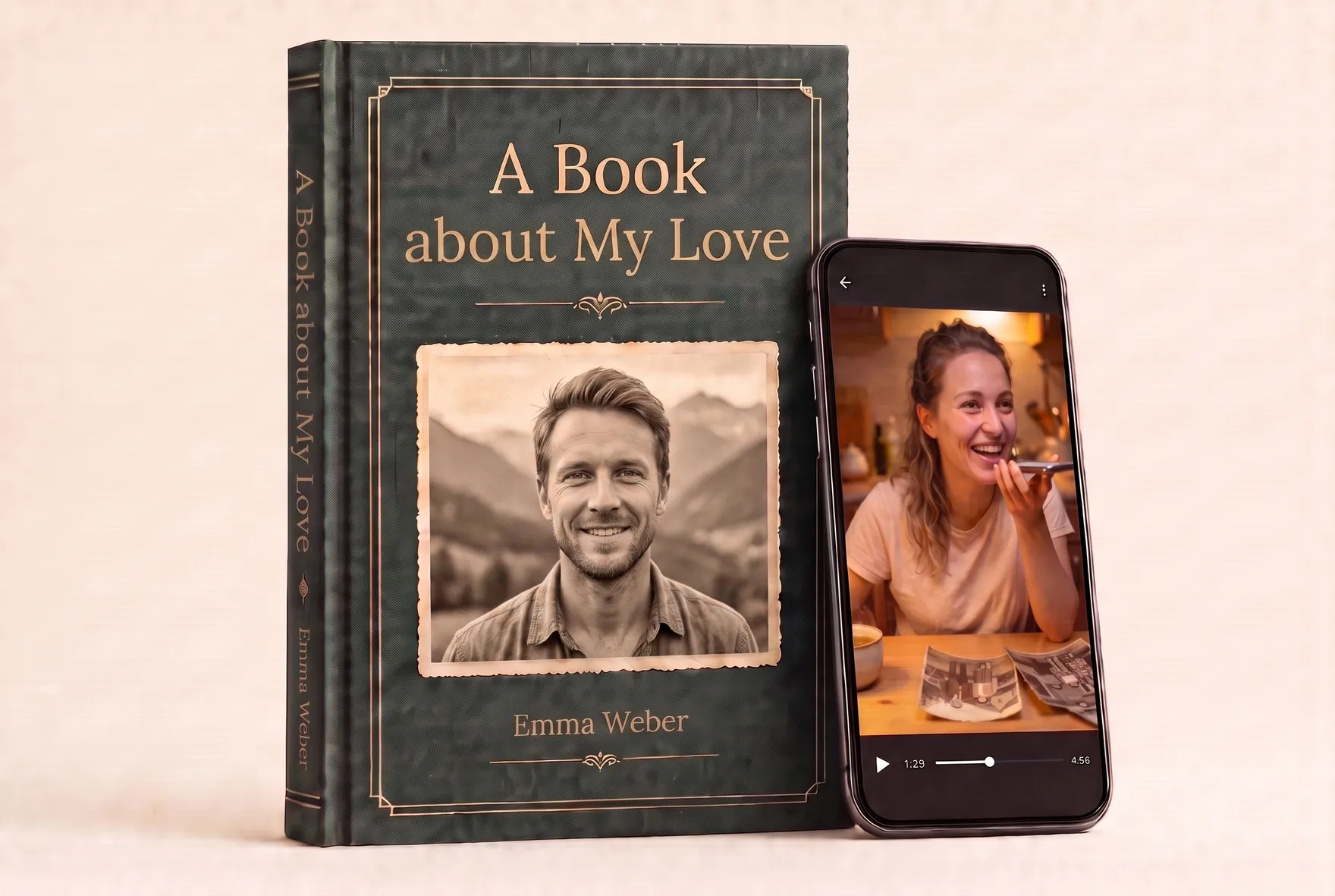 An open hardcover book with a family photo, a story in Russian and a QR code