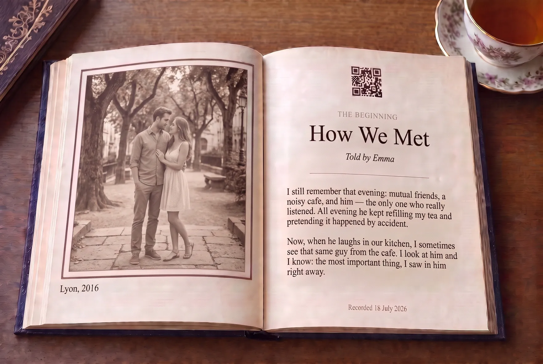 An open hardcover book with a family photo, a story in Russian and a QR code