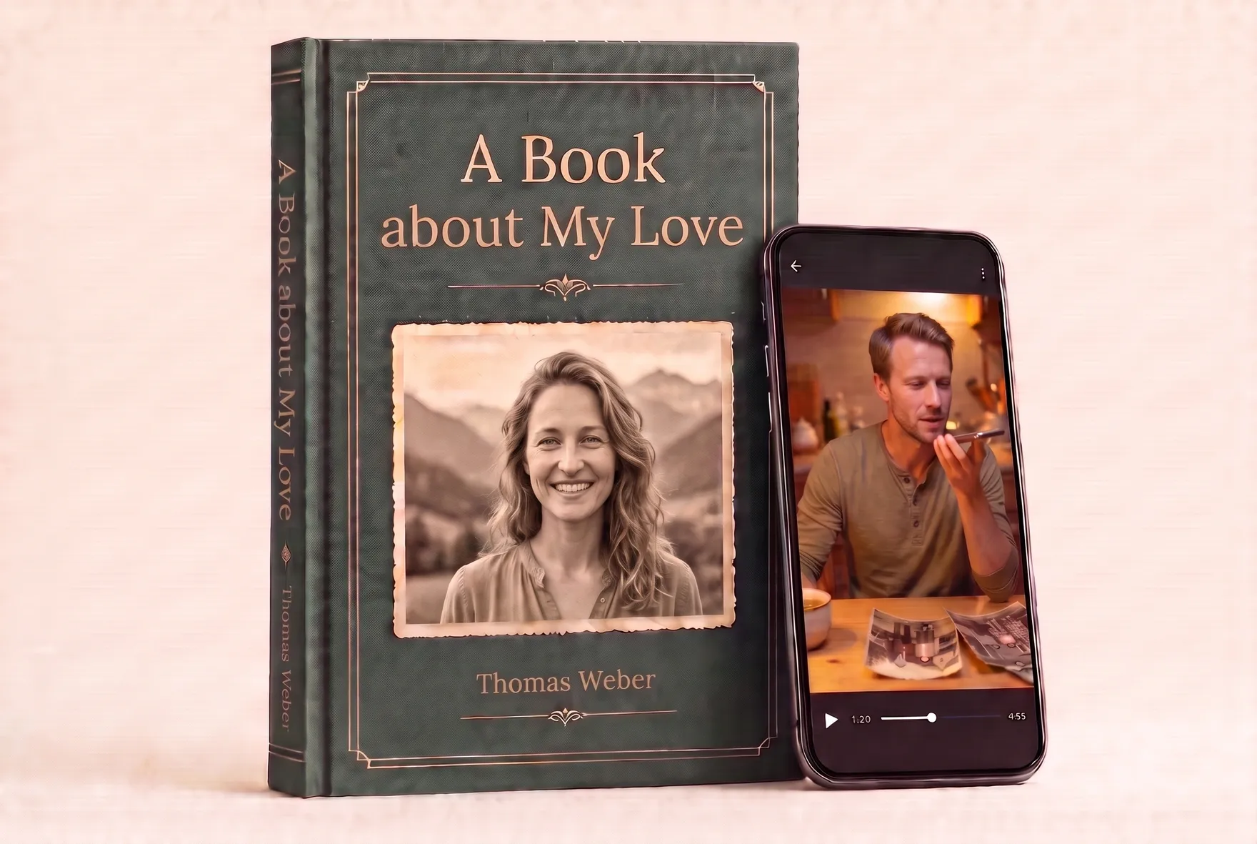 An open hardcover book with a family photo, a story in Russian and a QR code