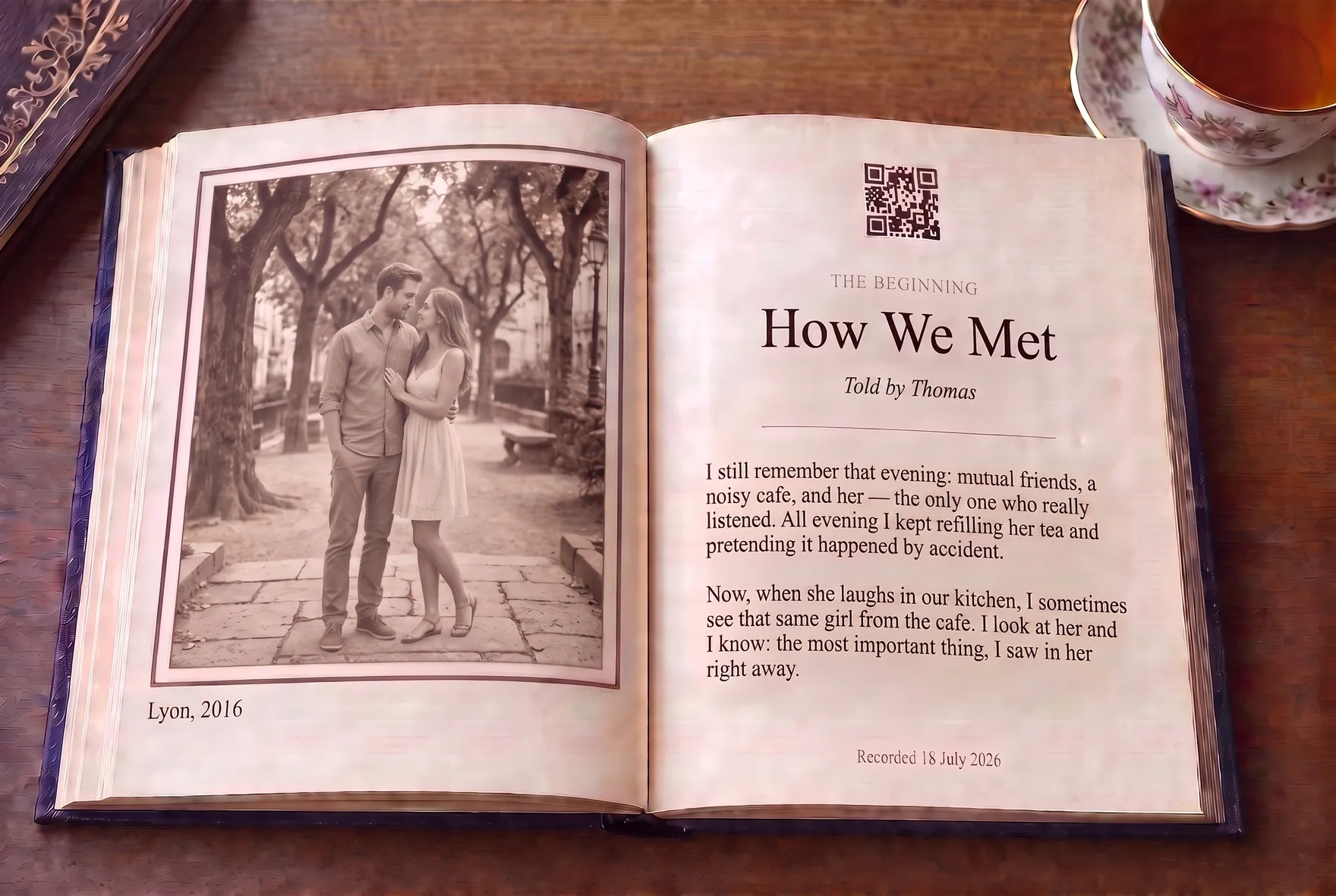 An open hardcover book with a family photo, a story in Russian and a QR code
