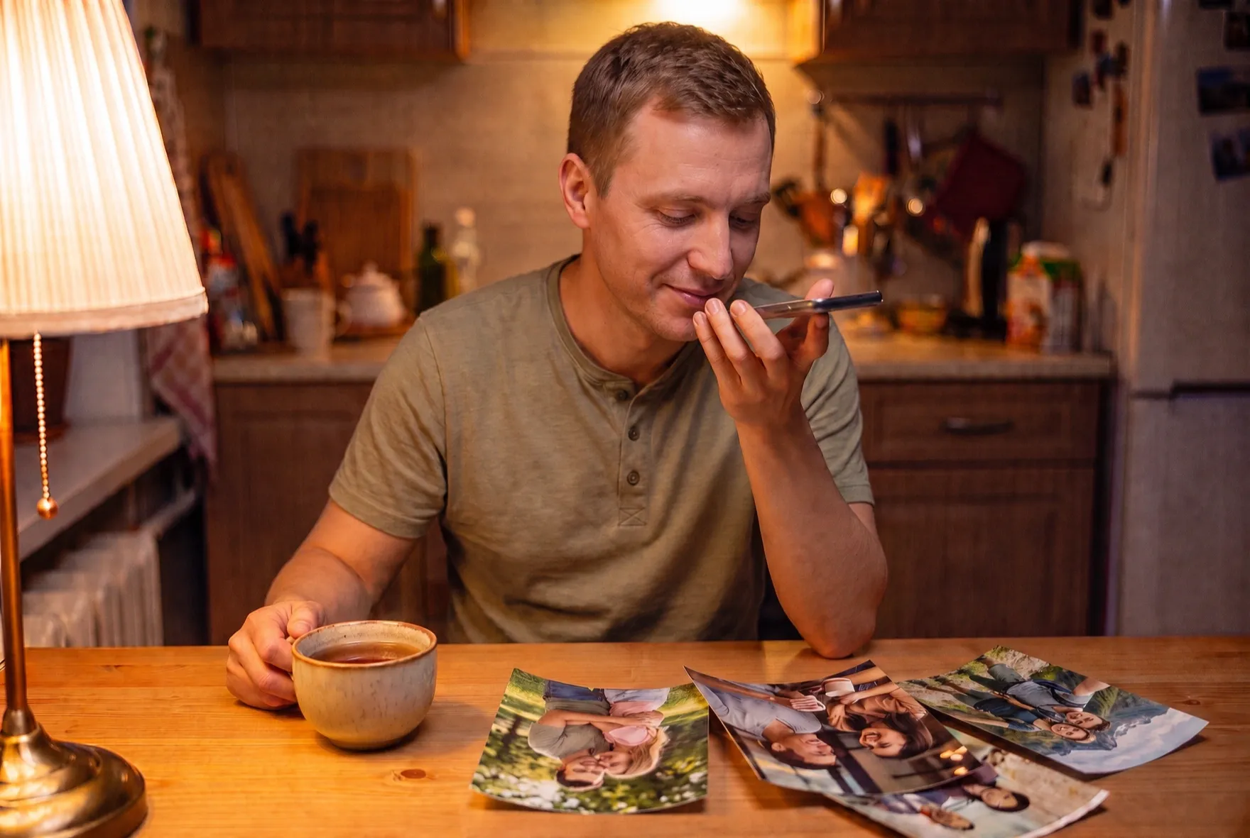 A smiling man records a voice message about the woman he loves, printed photos of the two of them on the table