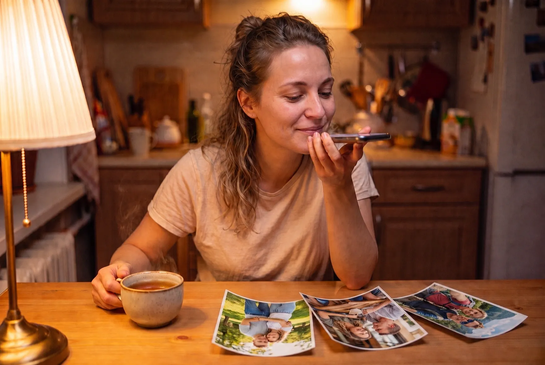 A young woman smiles as she records a voice message about a loved one, old family photos spread on the table