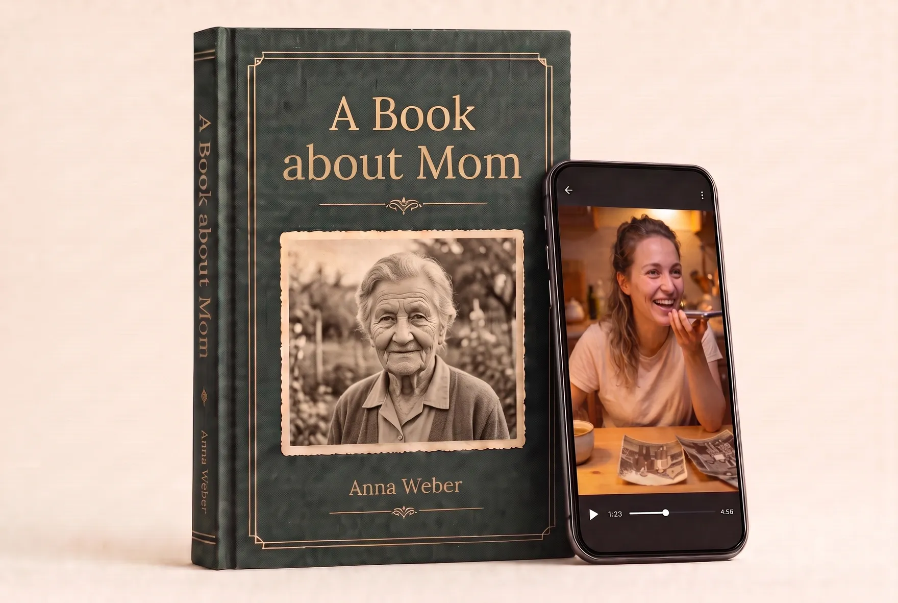 An open hardcover book with a family photo, a story in Russian and a QR code