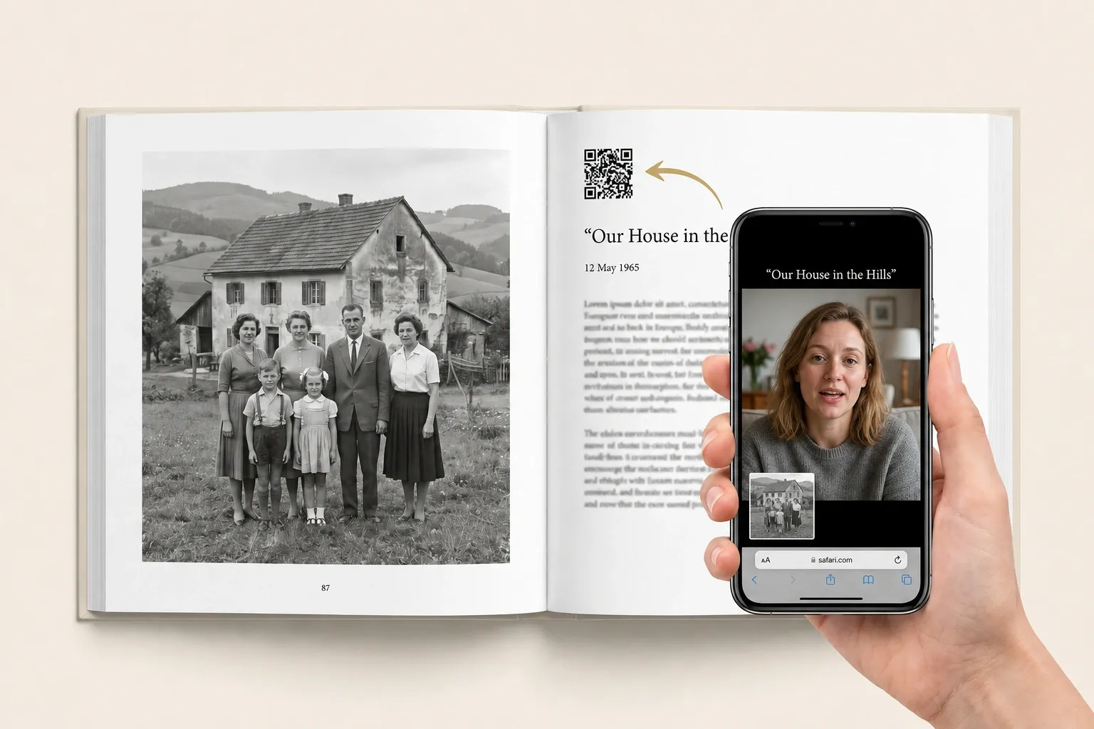 An open book with a black-and-white family photo and a QR code; next to it a phone playing the same story in the grandmother’s voice