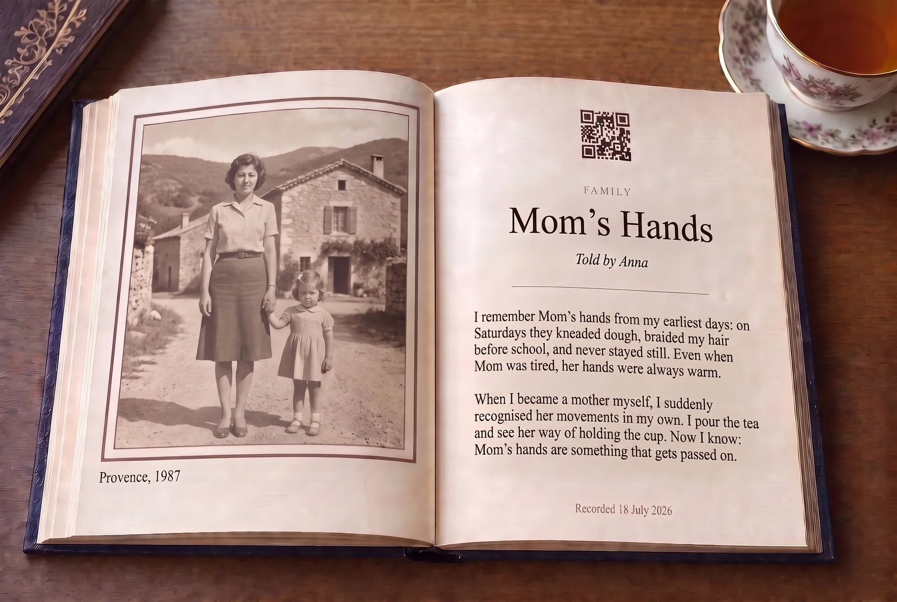 An open hardcover book with a family photo, a story in Russian and a QR code