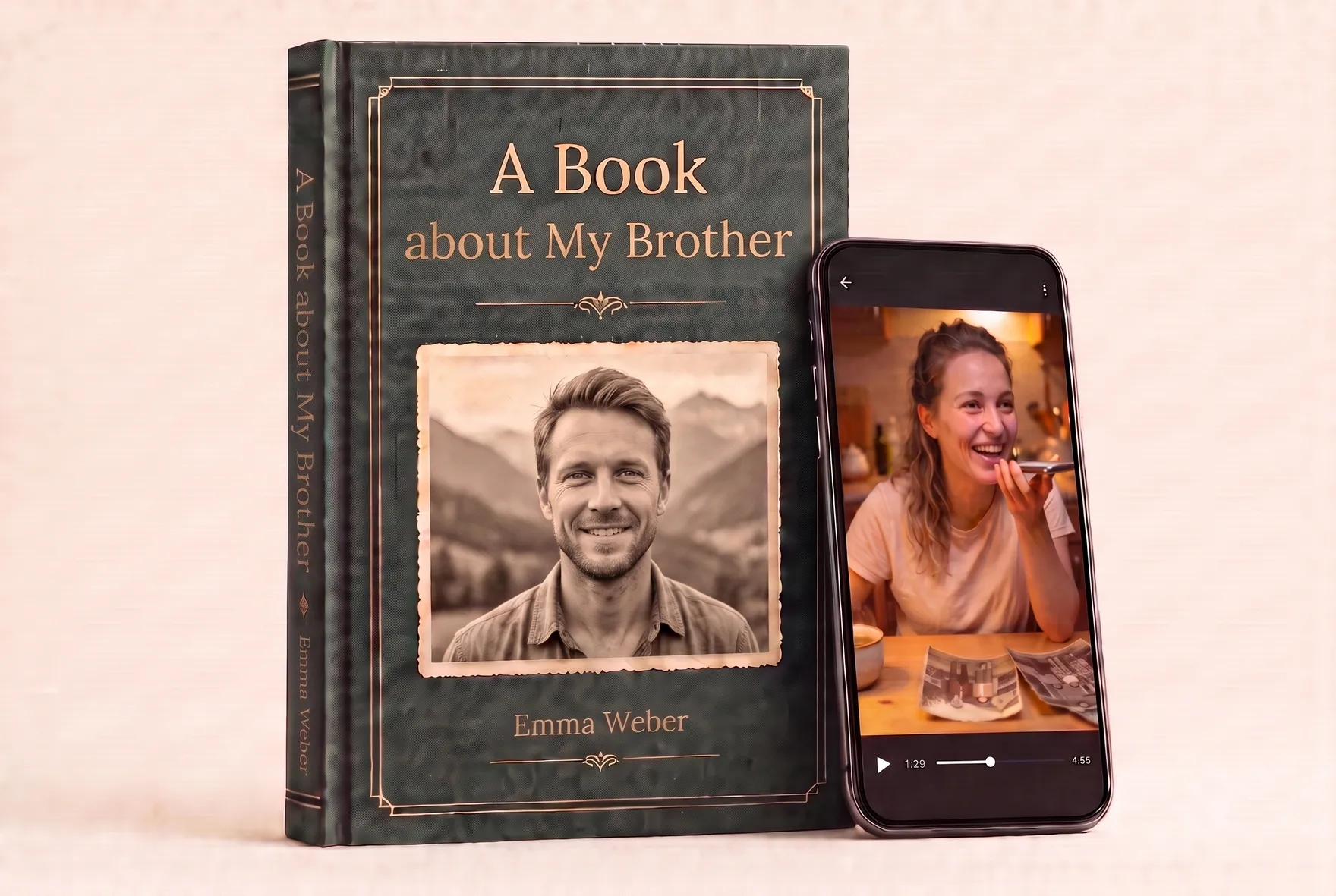An open hardcover book with a family photo, a story in Russian and a QR code