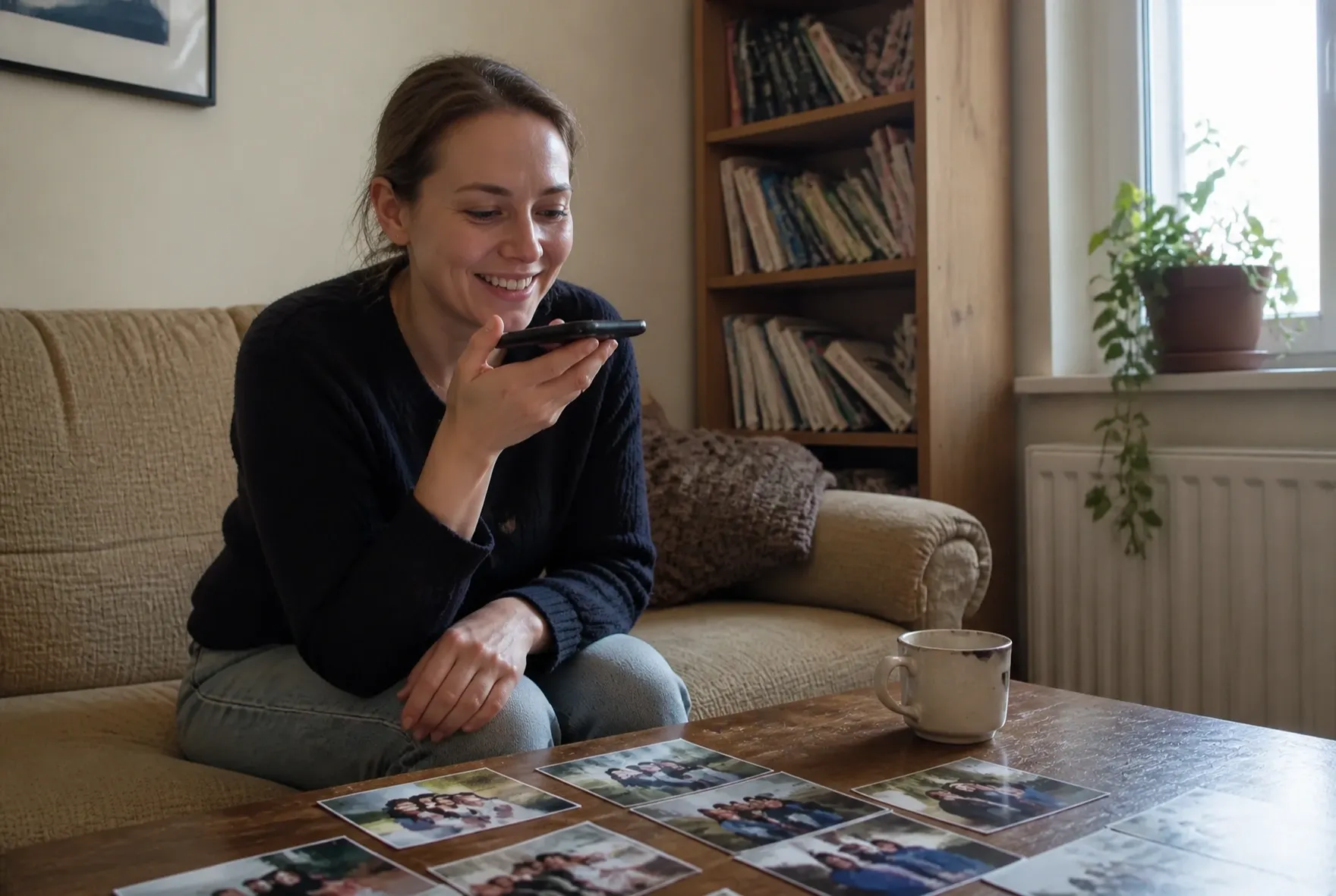 A young woman smiles as she records a voice message about a loved one, old family photos spread on the table