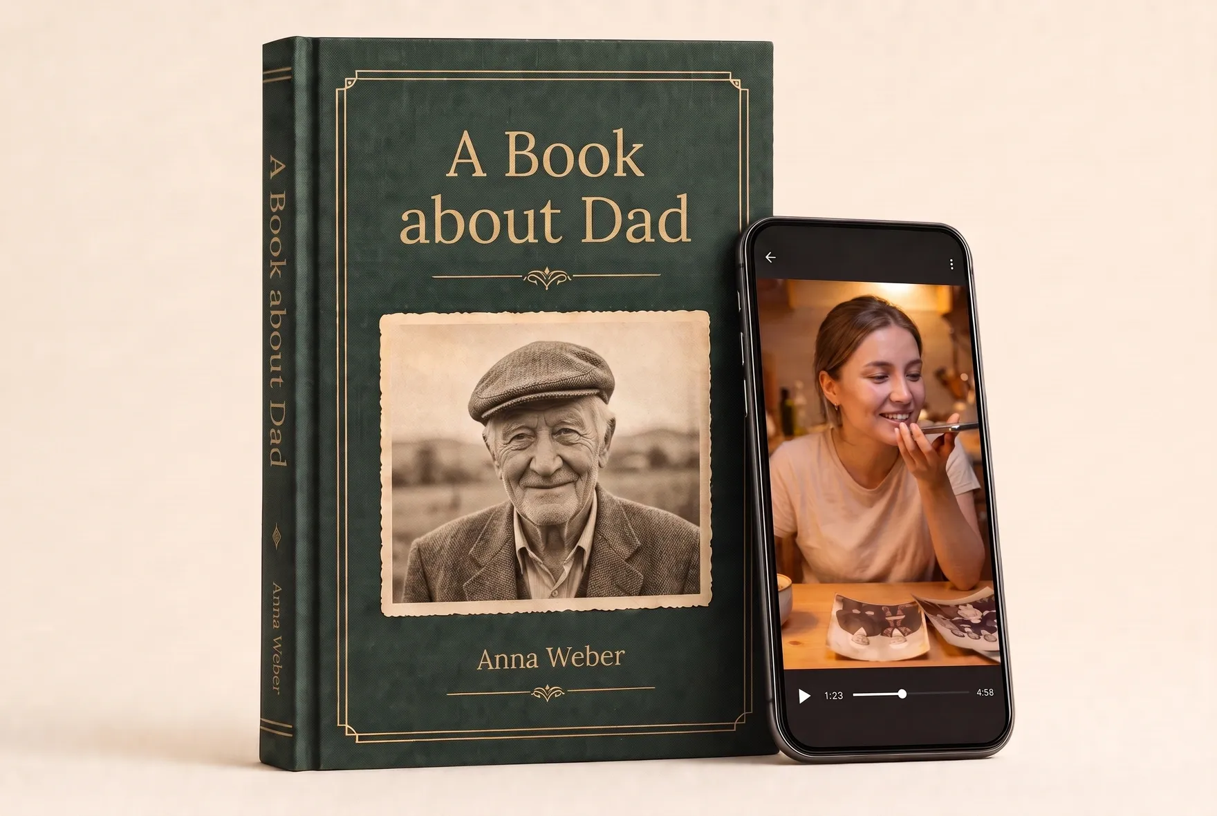 An open hardcover book with a family photo, a story in Russian and a QR code