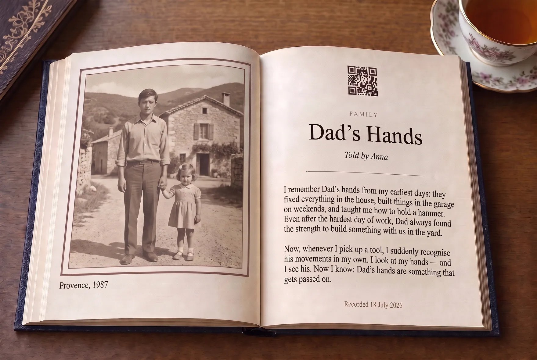 An open hardcover book with a family photo, a story in Russian and a QR code