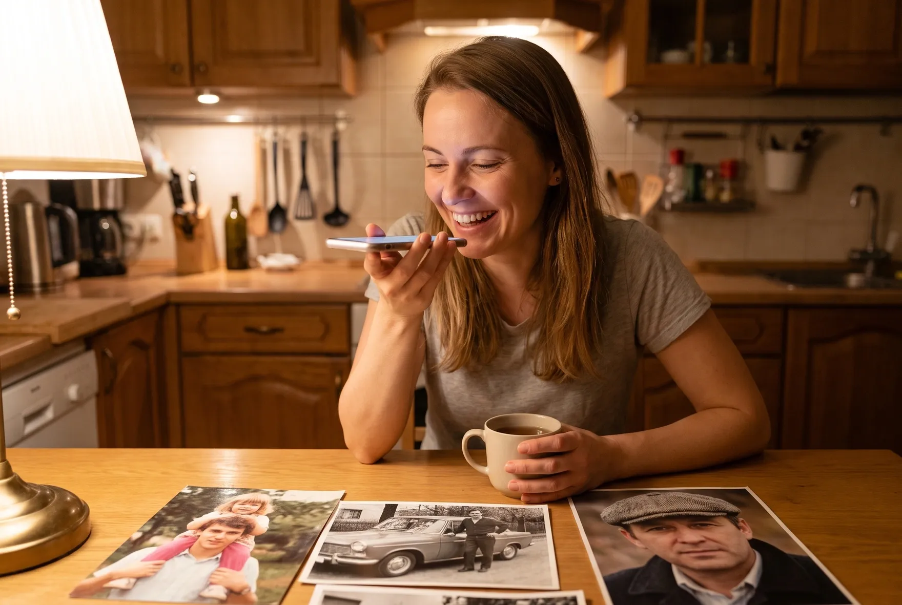 A young woman smiles as she records a voice message about a loved one, old family photos spread on the table