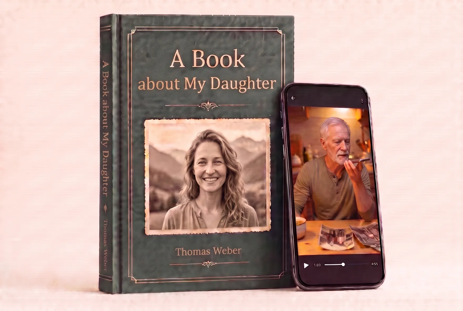An open hardcover book with a family photo, a story in Russian and a QR code