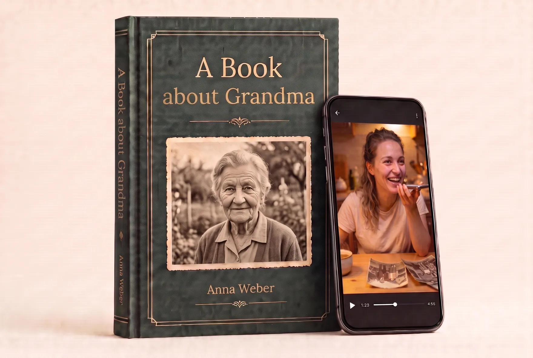 An open hardcover book with a family photo, a story in Russian and a QR code