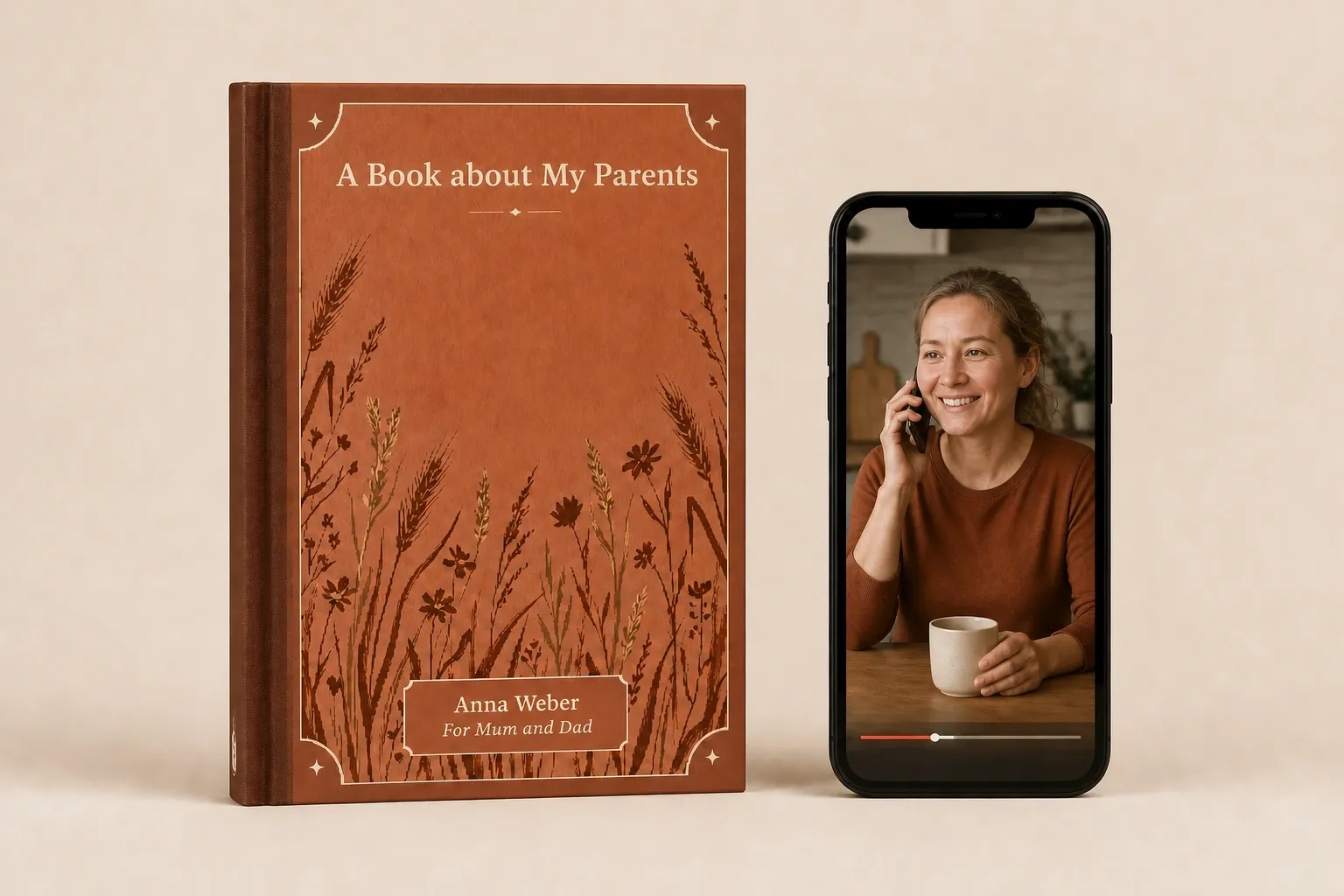 An open hardcover book with a family photo, a story in Russian and a QR code