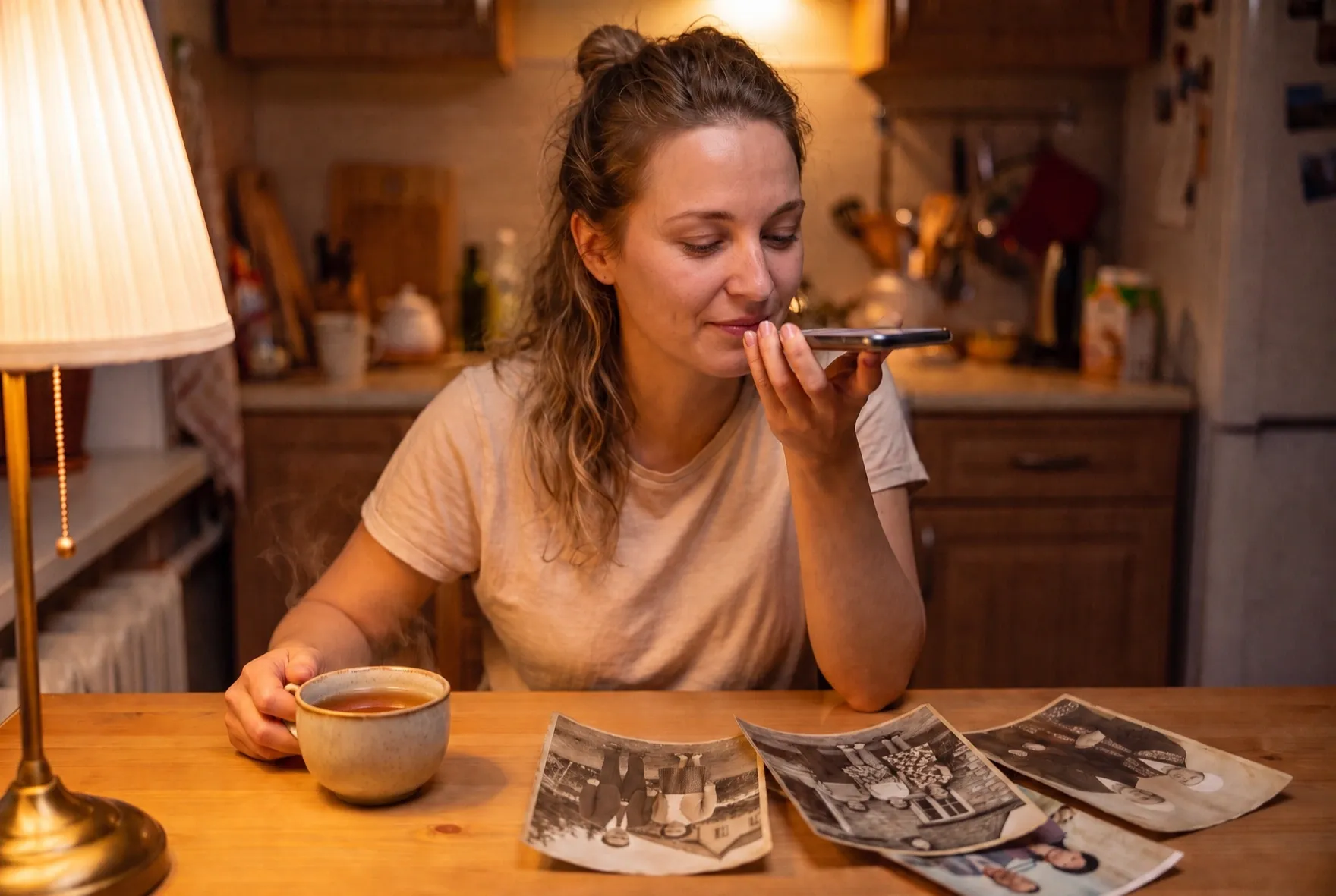 A young woman smiles as she records a voice message about a loved one, old family photos spread on the table