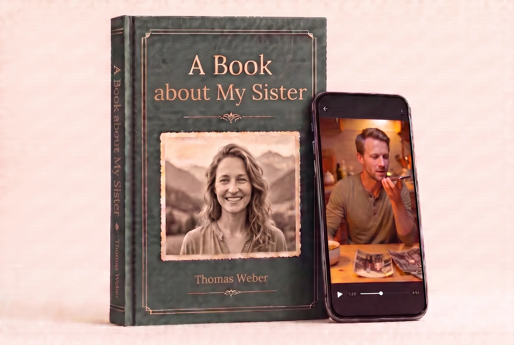 An open hardcover book with a family photo, a story in Russian and a QR code