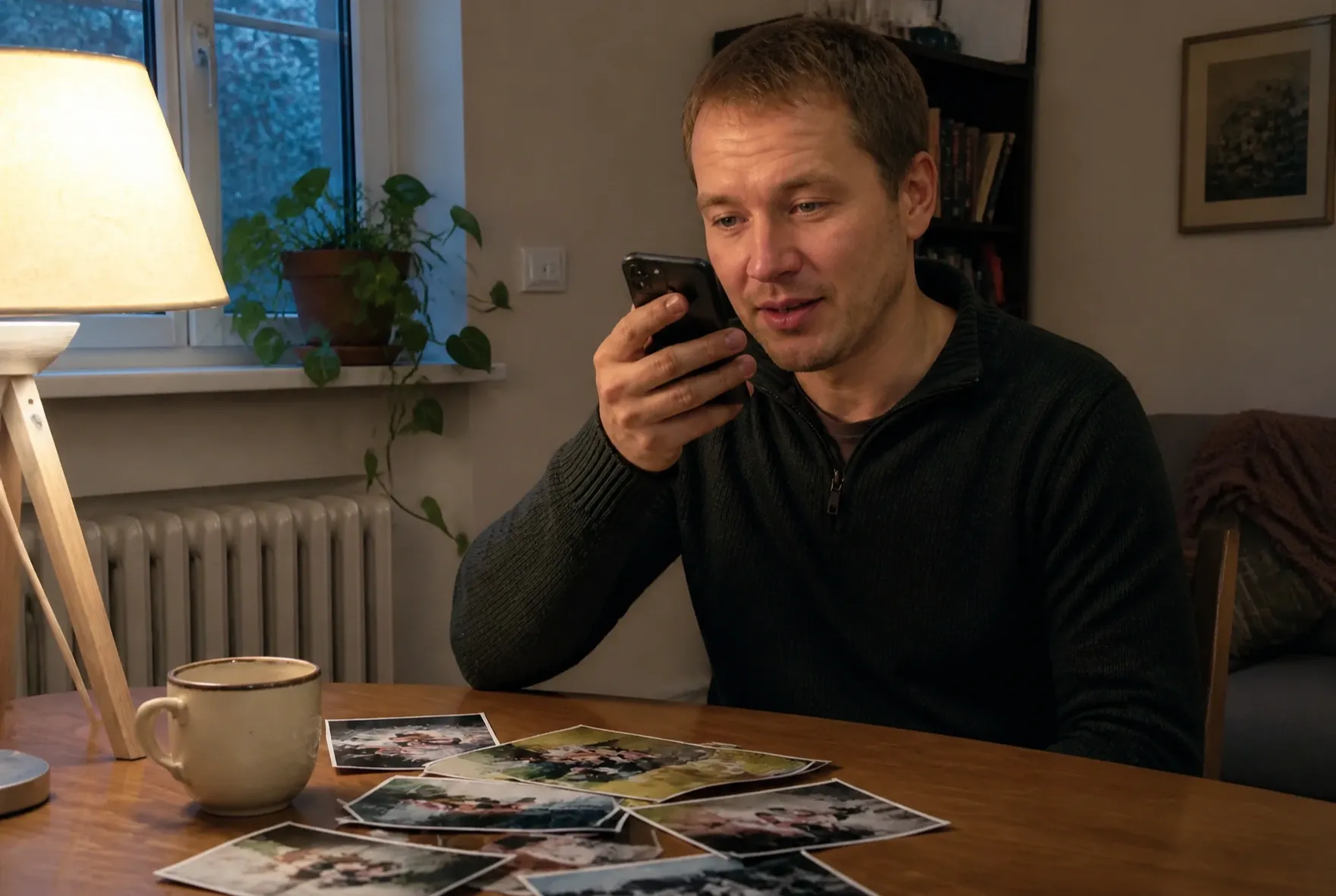 A young woman smiles as she records a voice message about a loved one, old family photos spread on the table