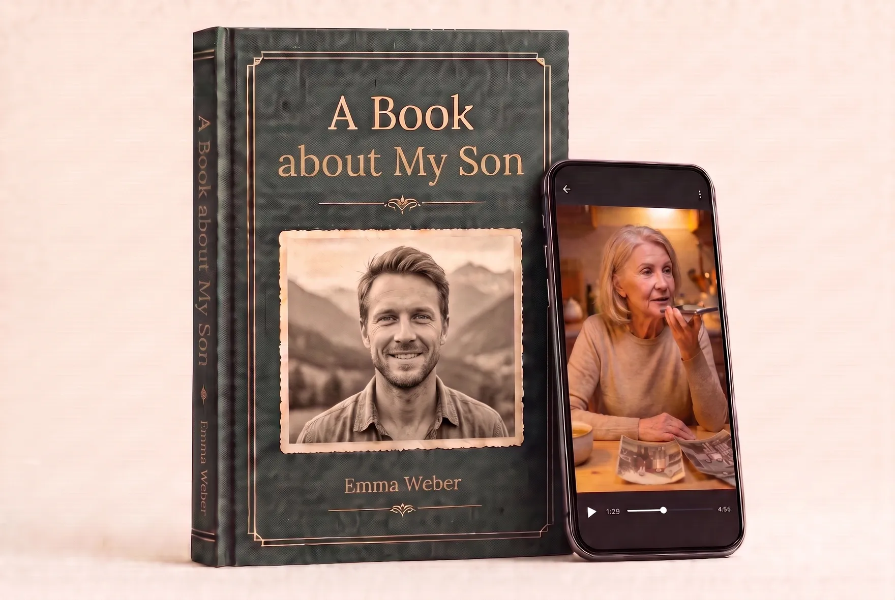 An open hardcover book with a family photo, a story in Russian and a QR code